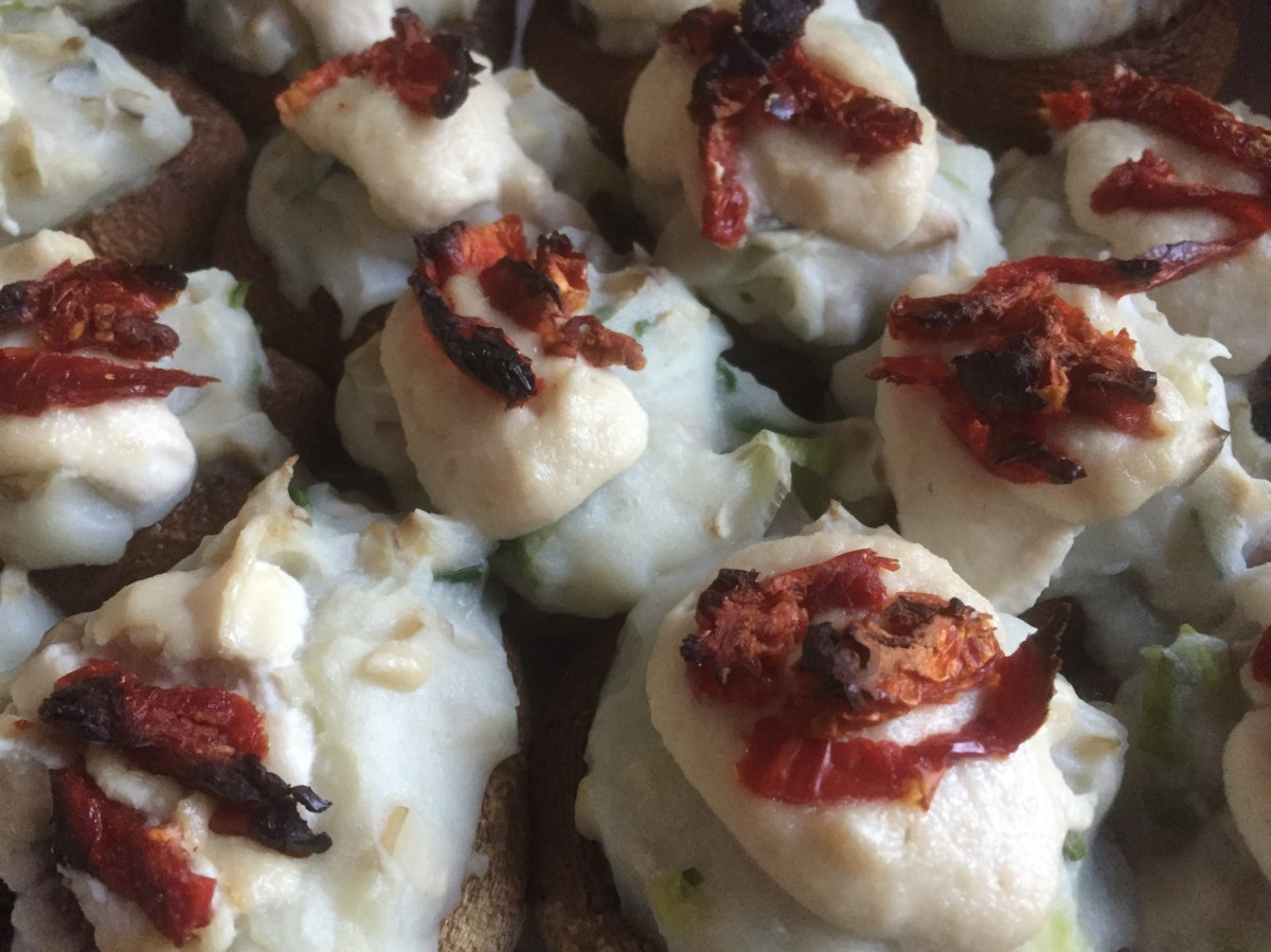 Mashed Potato Stuffed Mushrooms with Cashew Sour Cream