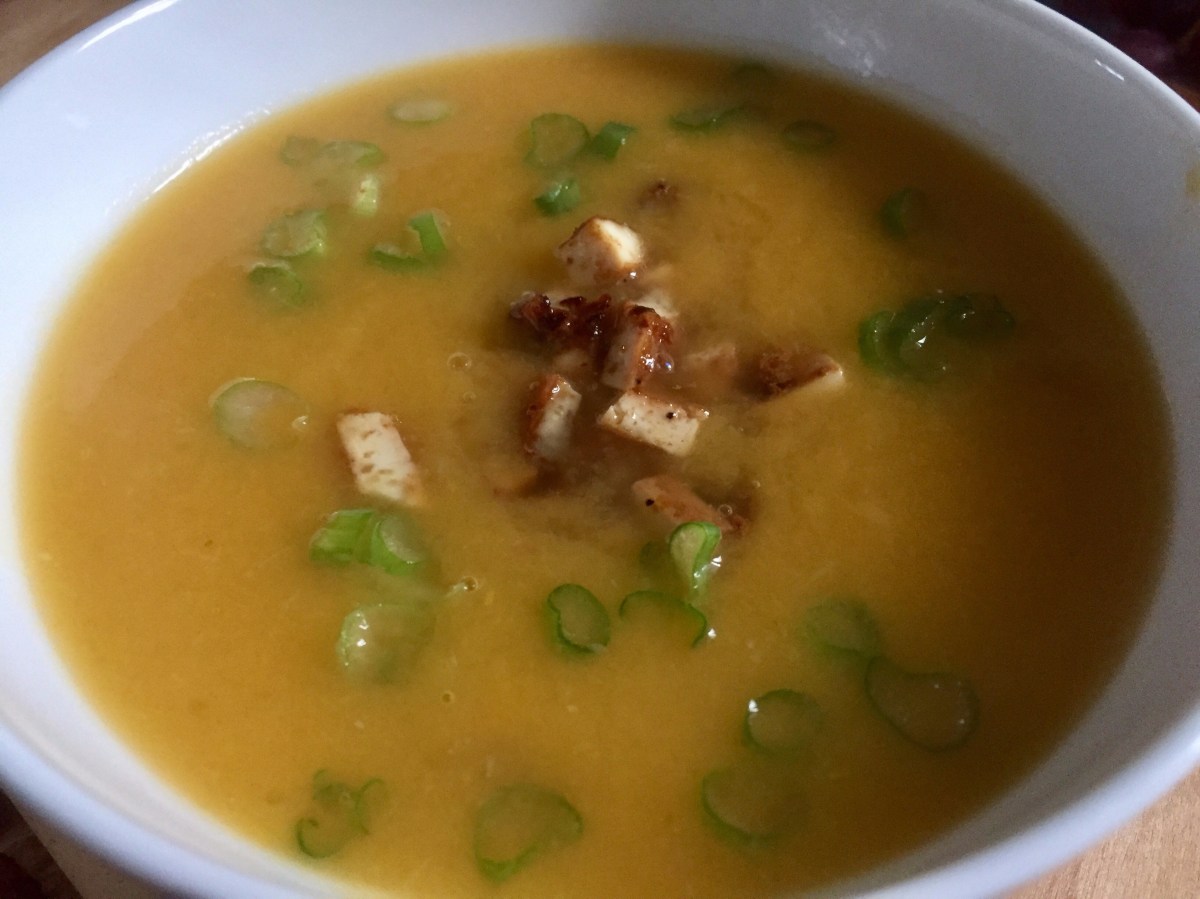 Sweet Potato and Leek Soup with Tofu Bacon, via Eat The Vegan Rainbow